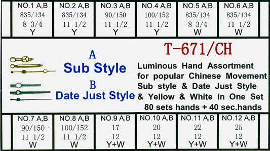 Luminous Hand Assortment for Popular Chinese Movement, Silver & Gold Colors
