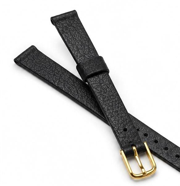 10mm - Black Genuine Leather Watch Band - ( Gold Buckle )