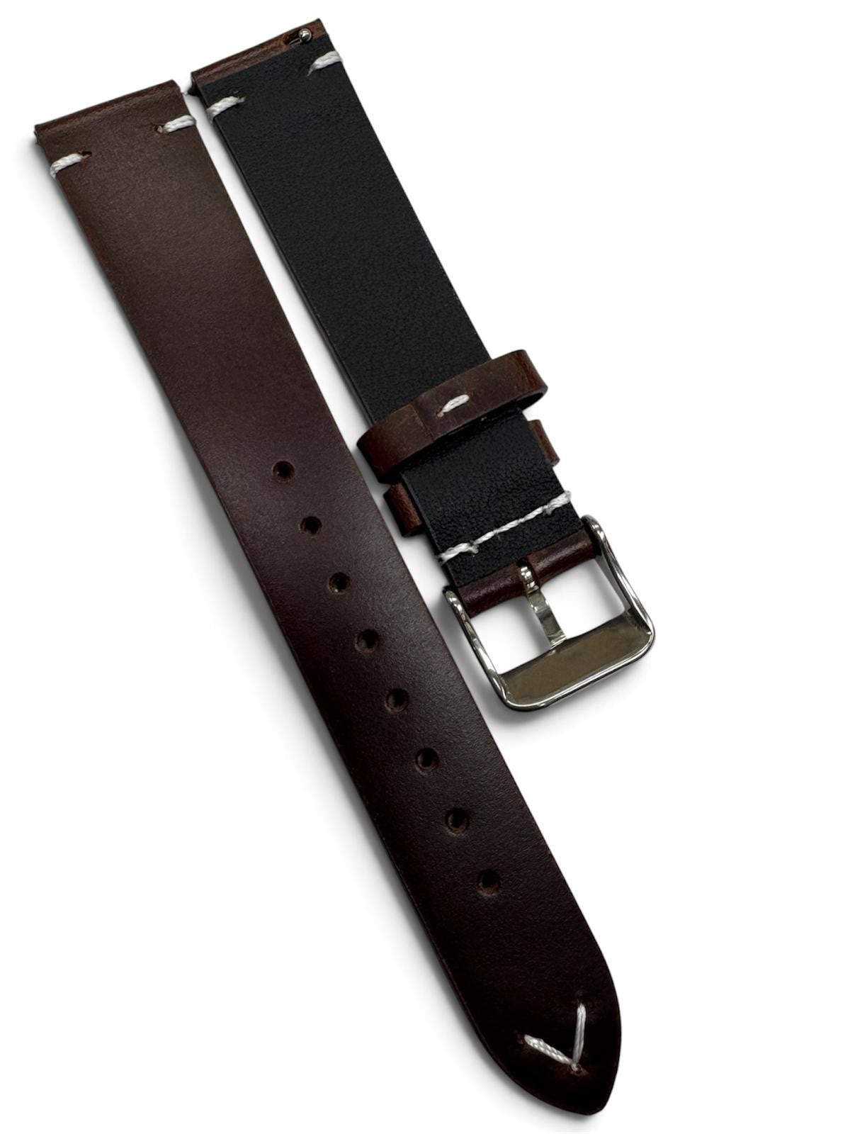 STITCHED GENUINE LEATHER UNIVERSAL WATCH BAND 18mm DARK BROWN COLOR