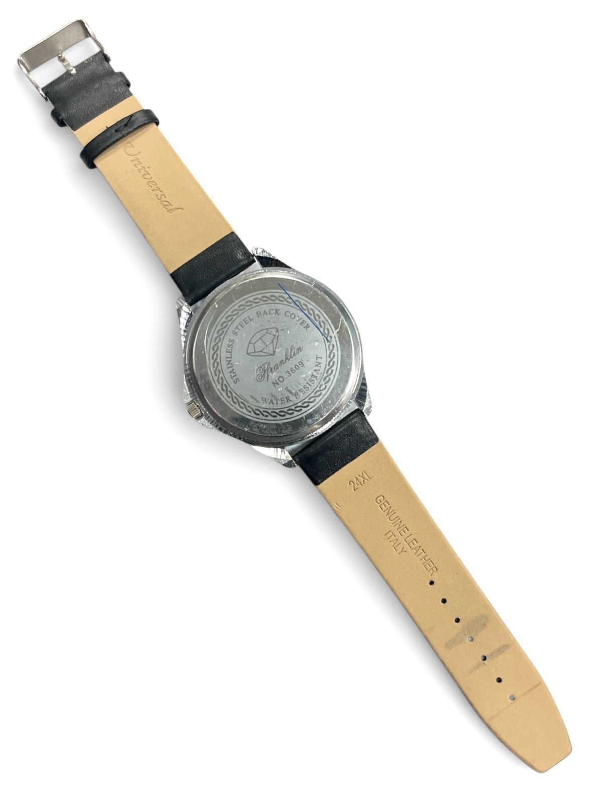 Rhinestones Dial Watch Men Silver Tone Black Genuine Leather Band watch