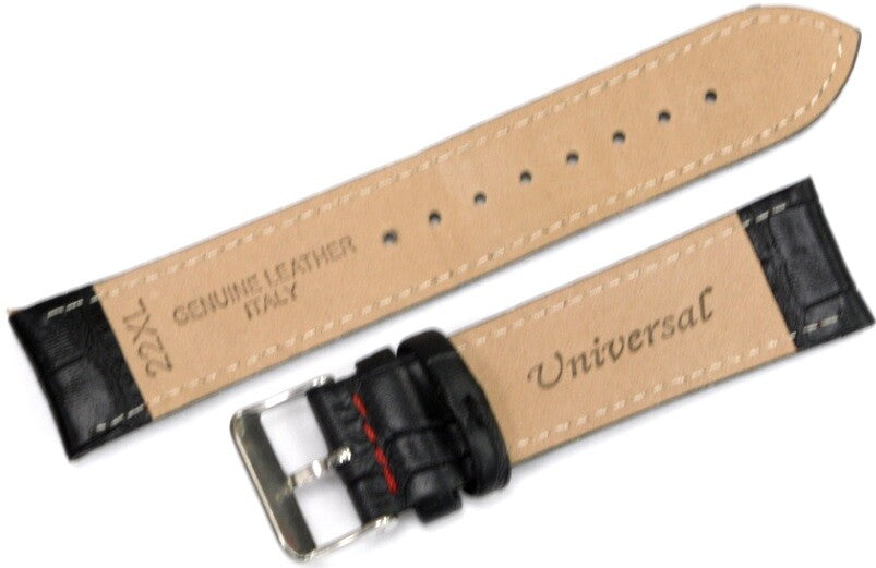Watch Band Black Genuine Leather Alligator Grain Red Stitches 22mm XL