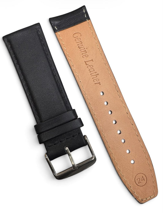 24 MM BLACK GENUINE LEATHER Watch Band for High End Watches Stitched