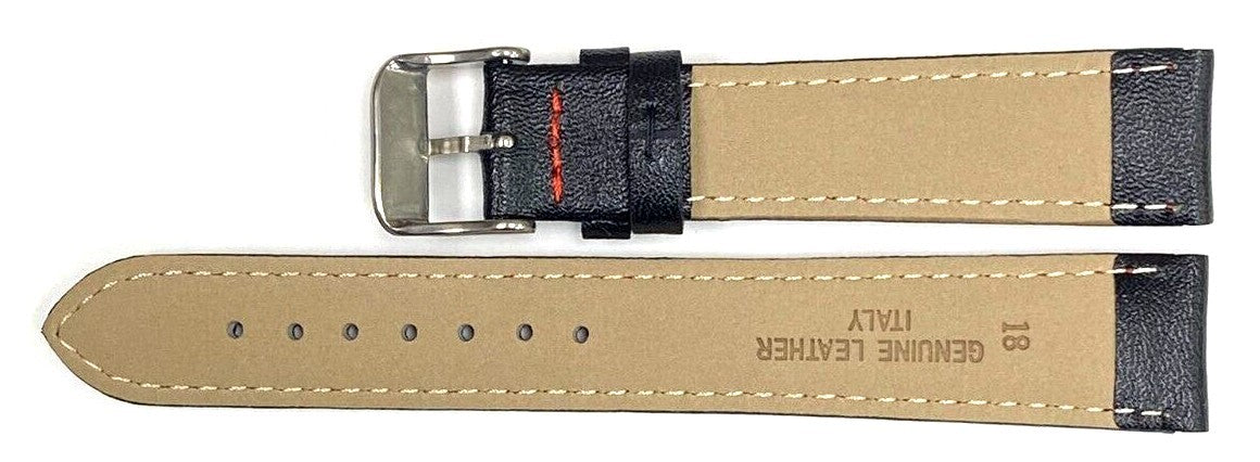 Watch Band Genuine Leather Plain PADDED With Stitches Black Color Of Size 18MM