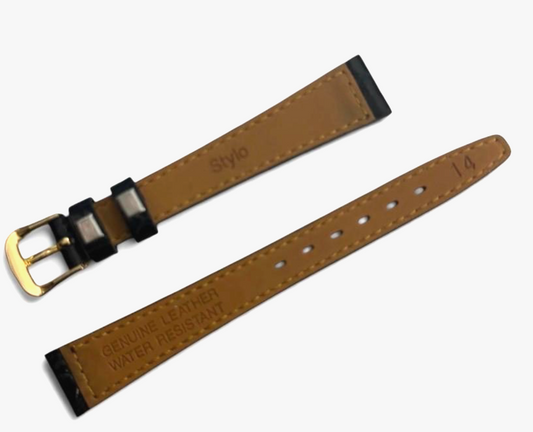 Black 14MM FLAT LEATHER STRAP BAND FOR WATCH Gold Buckle