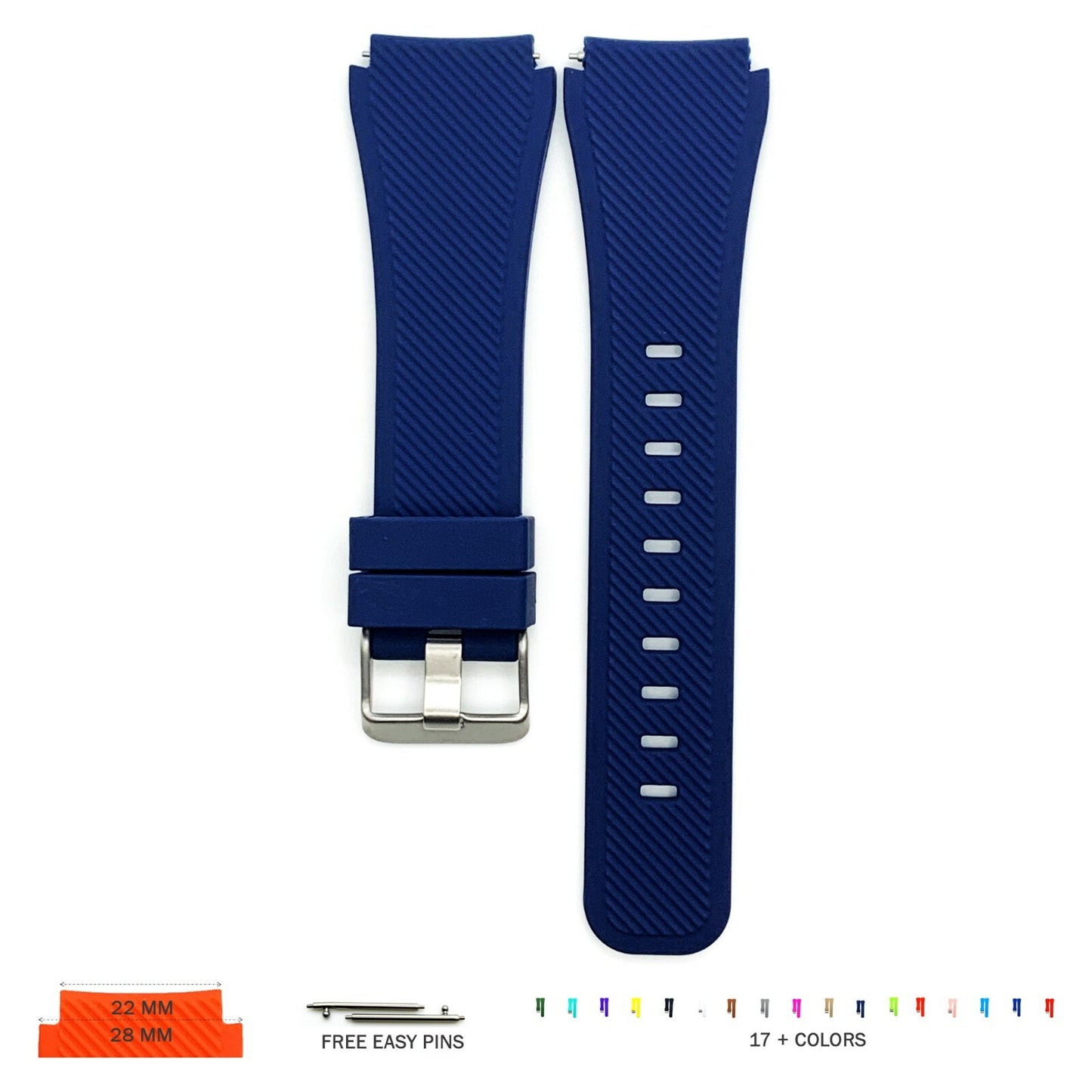 22 MM Rubber Silicone Male Opening Sports Watch Band 17 Colors Quick Release Pin