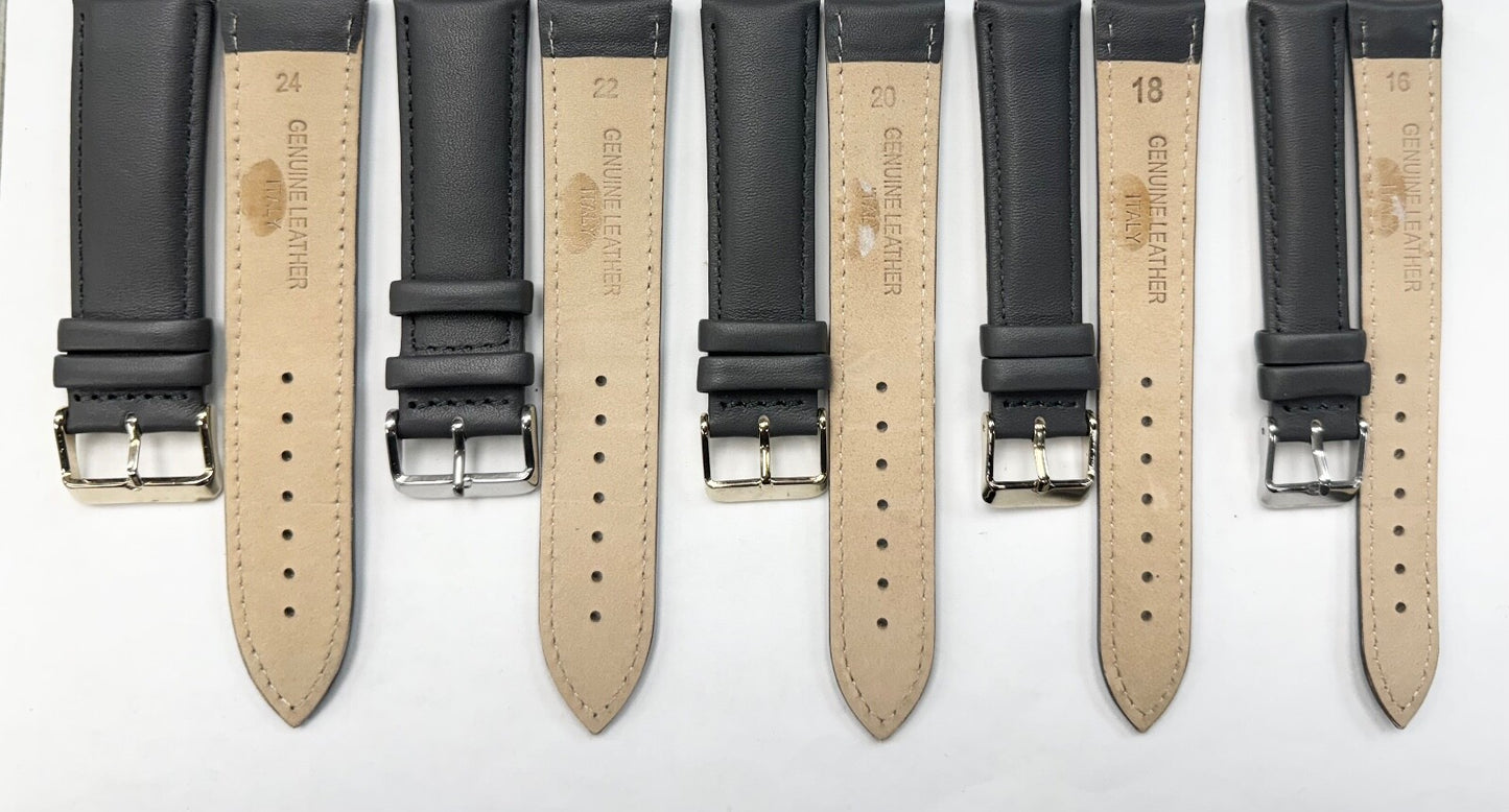 Watch Bands Genuine Leather Grey Plain Padded 16,18,20,22,24mm