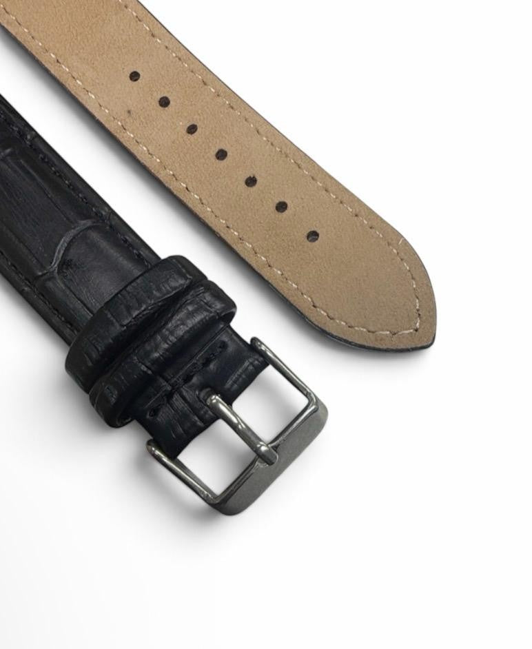 Watch Band Black Genuine Leather Padded, Stitched 20xxlMM