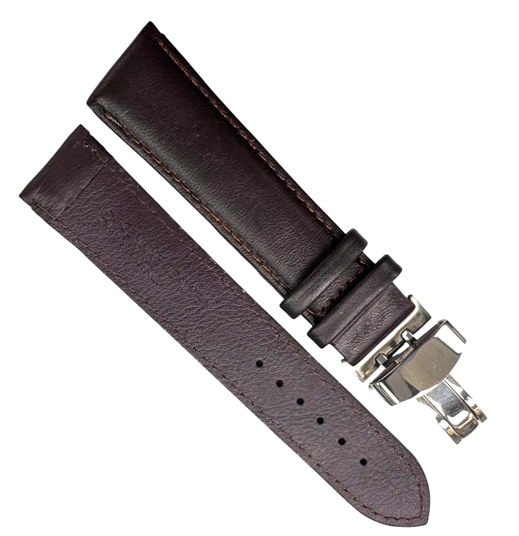 22mm BROWN Genuine Leather stitched Padded Watch Band With Deployment Buckle