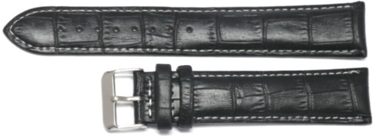 Watch Band Black Genuine Leather Alligator Grain White Stitchs 18,20,22,24mm XXL