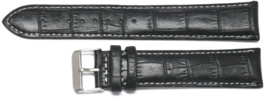 Watch Band Black Genuine Leather Alligator Grain White Stitchs 18,20,22,24mm XXL
