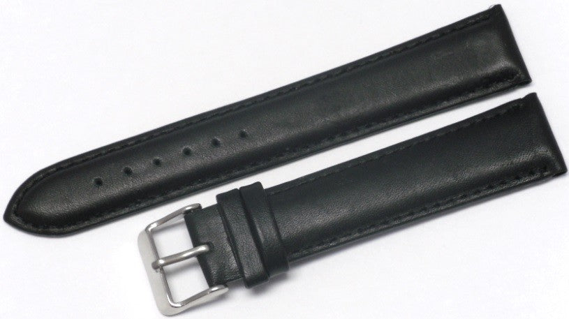 Lot of 6Pcs.Watch Bands Plain Black Genuine Leather Padded & Stitched 20mm