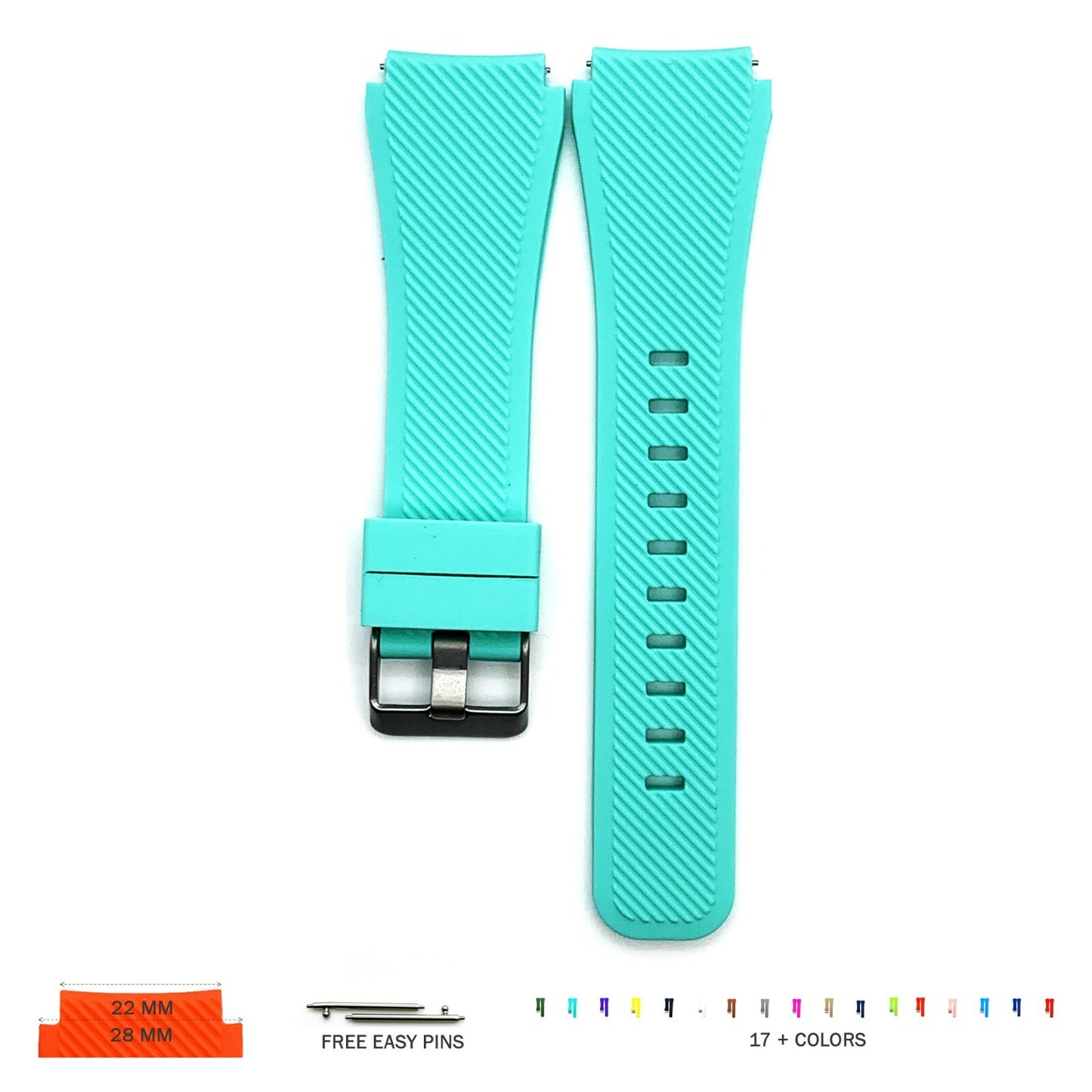 22 MM Rubber Silicone Male Opening Sports Watch Band 17 Colors Quick Release Pin