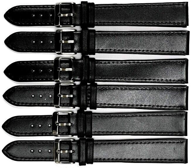 LOT OF 6 Watch Band Flat Leather Plain Black 10,12,14,16,18,20,22,24mm XXL