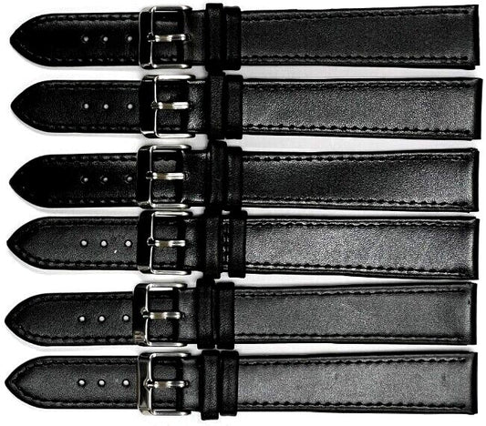 LOT OF 6 Watch Band Flat Leather Plain Black 10,12,14,16,18,20,22,24mm XXL