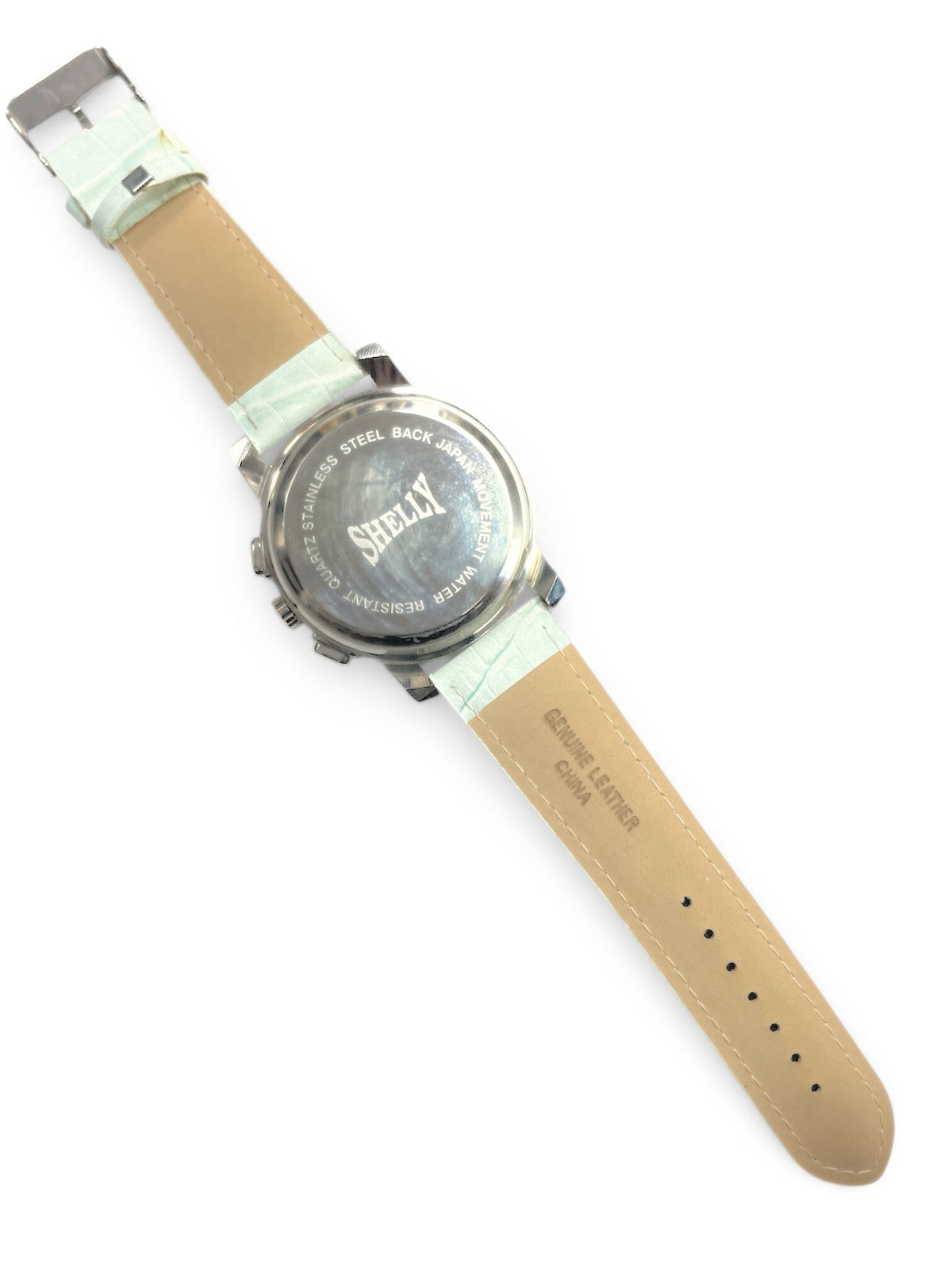 SHELLY round Dial Watch Silver Tone Sky Blue Genuine Leather Band Watch