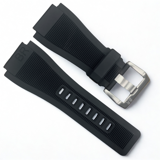 Black Rubber Strap - 33mm Band 24mm Lug | Stainless Steel Buckle for Bell & Ross