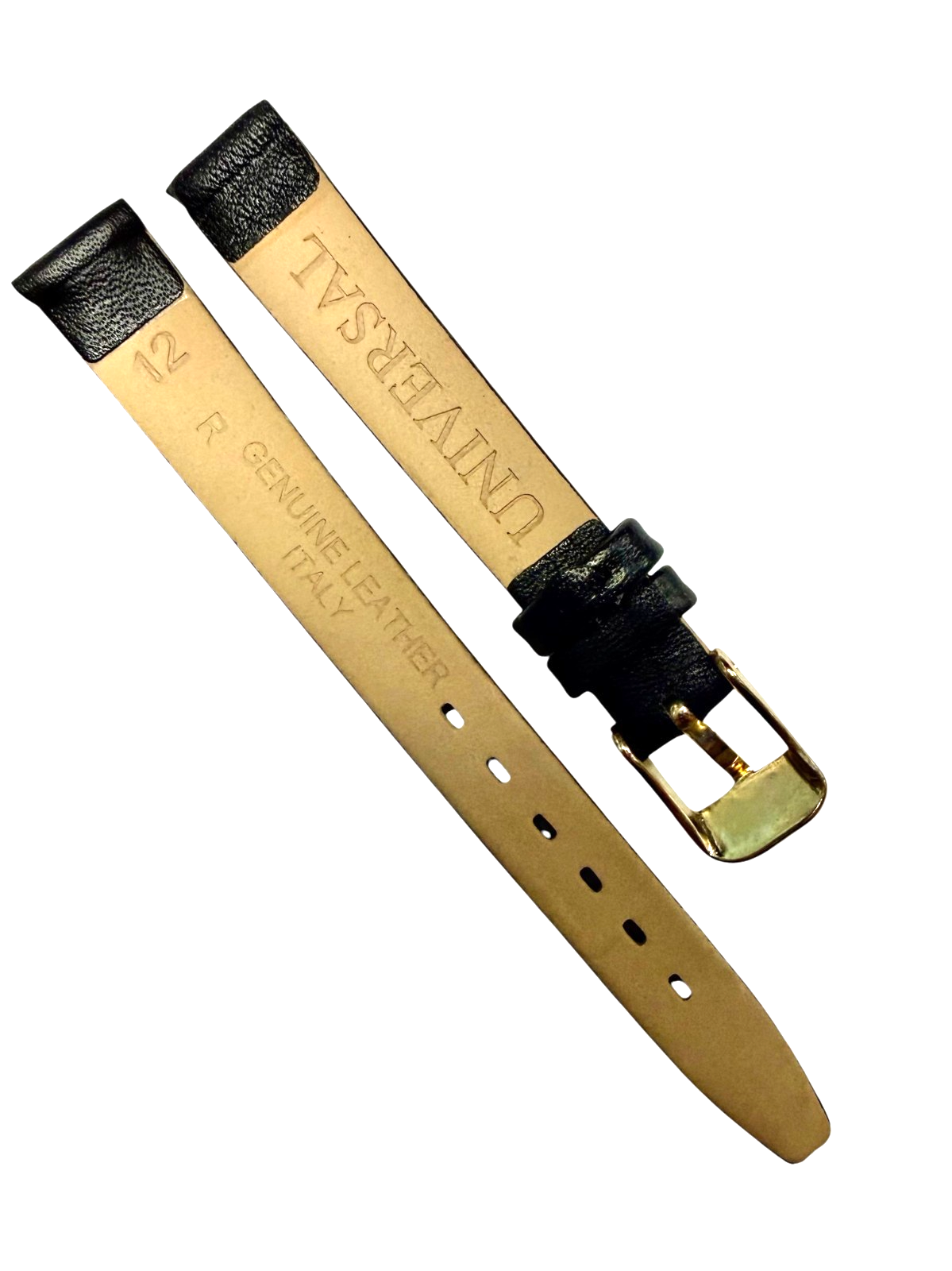 10mm Genuine Leather Black Watch Band – Slim Flat Grain Strap Gold/Silver Buckle