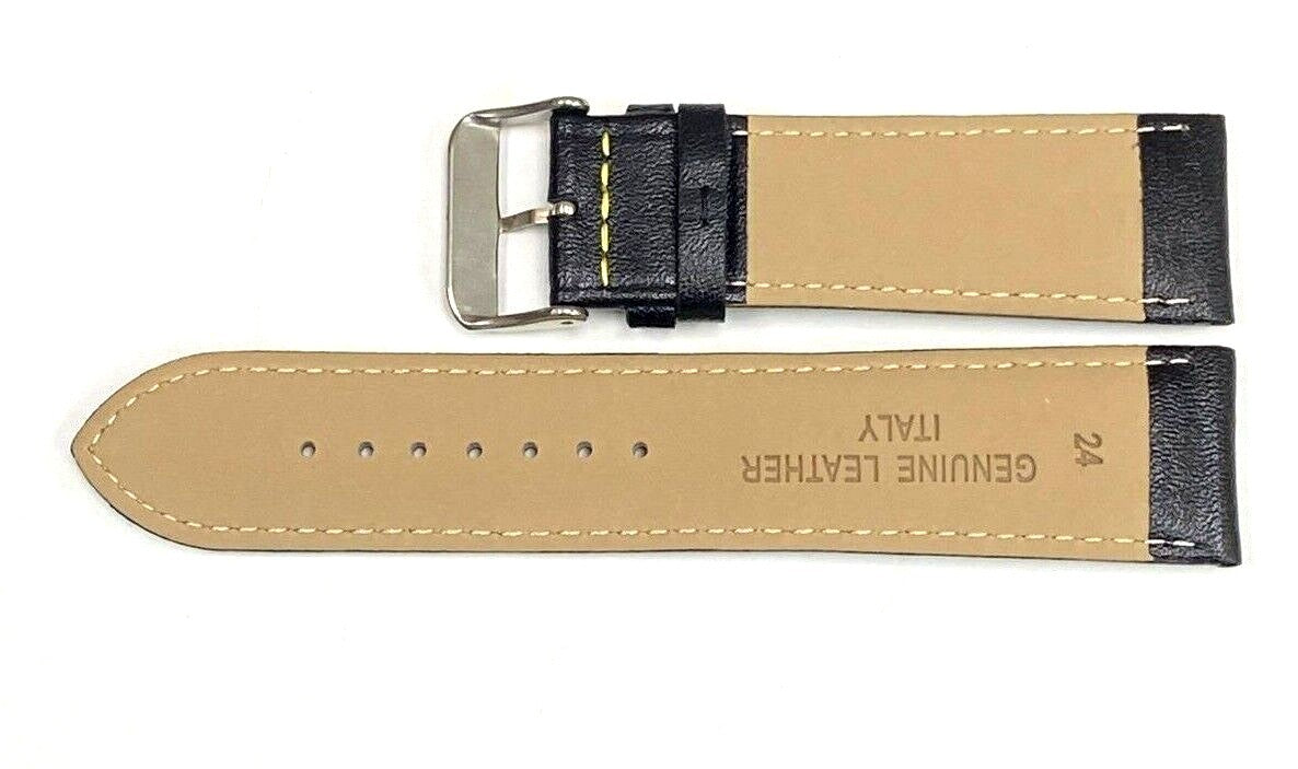 Watch Band Genuine Leather Plain PADDED With Stitches Black Color Of Size 24MM