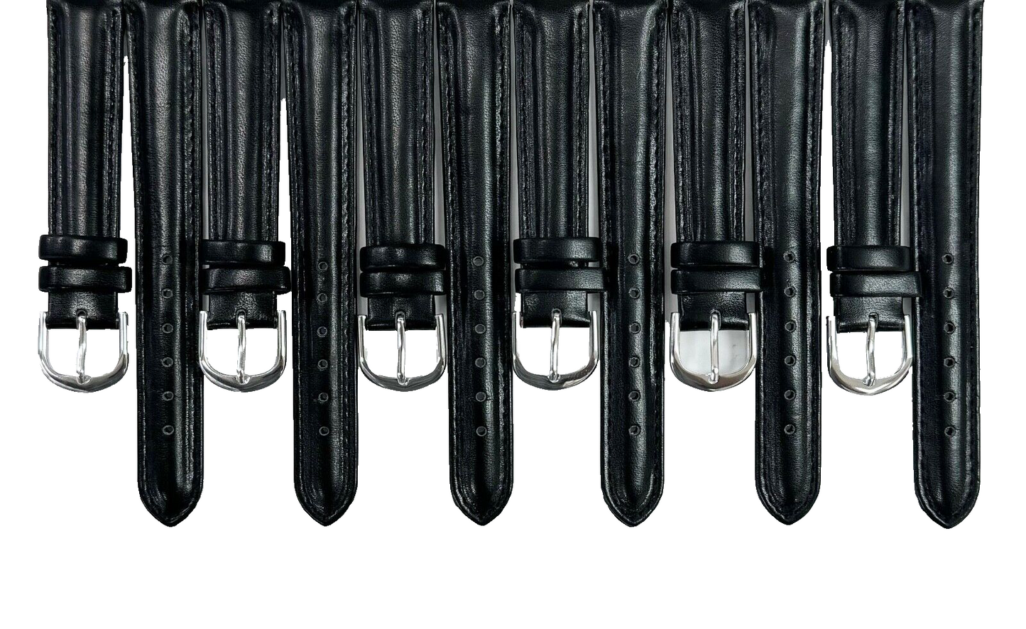 Lot of 6 Watch Bands Plain Black with Stitches Genuine Leather Padded 16mm