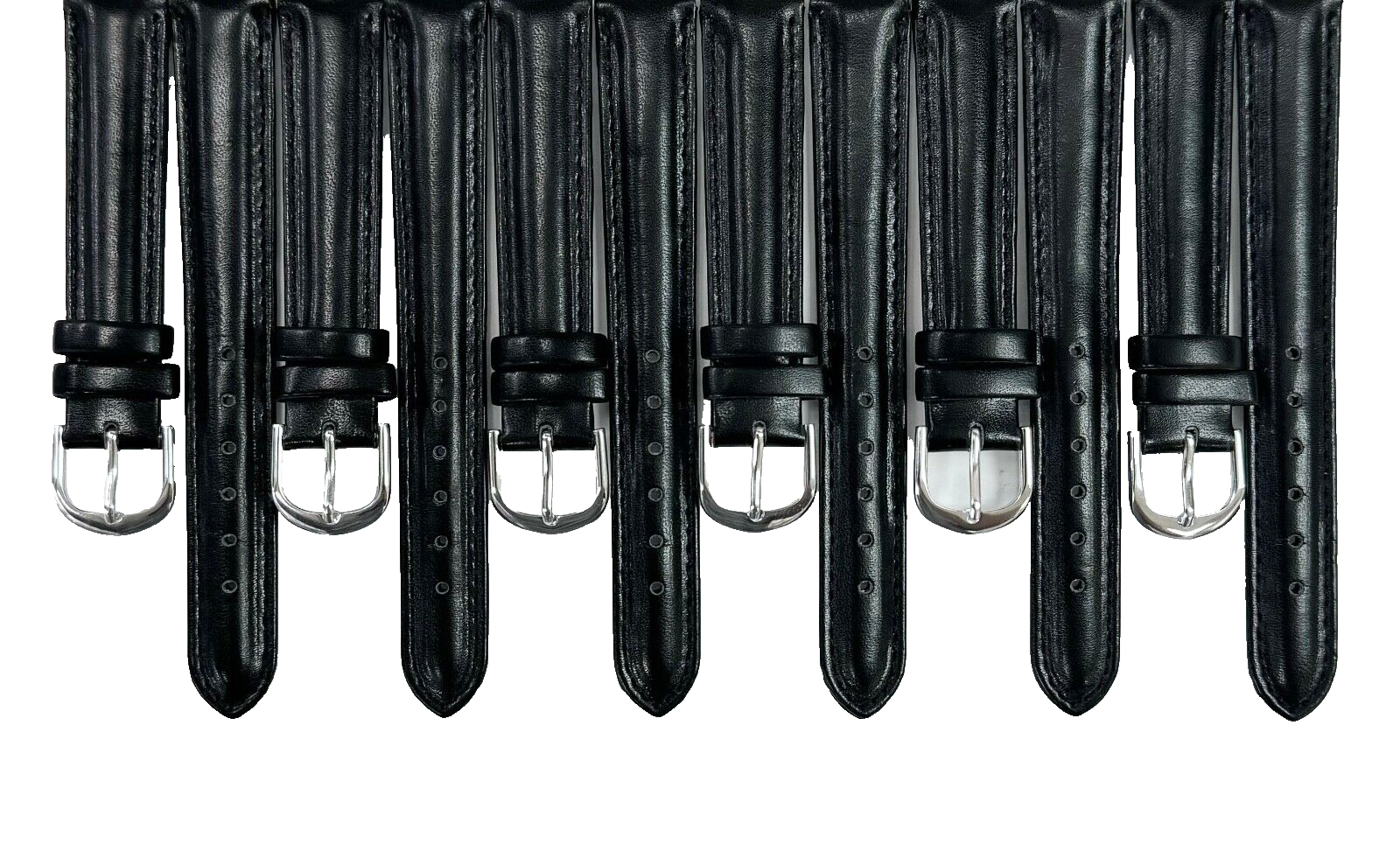 Lot of 6 Watch Bands Plain Black with Stitches Genuine Leather Padded 16mm