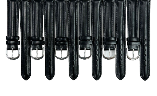 Lot of 6 Watch Bands Plain Black with Stitches Genuine Leather Padded 16mm