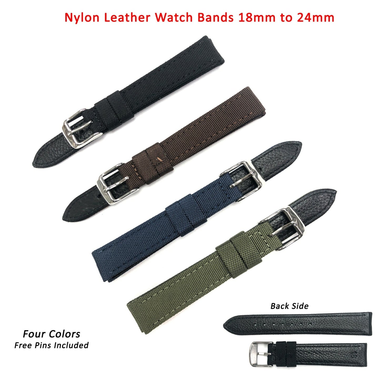 Nylon Leather Watch Band Flat 18mm to 24mm