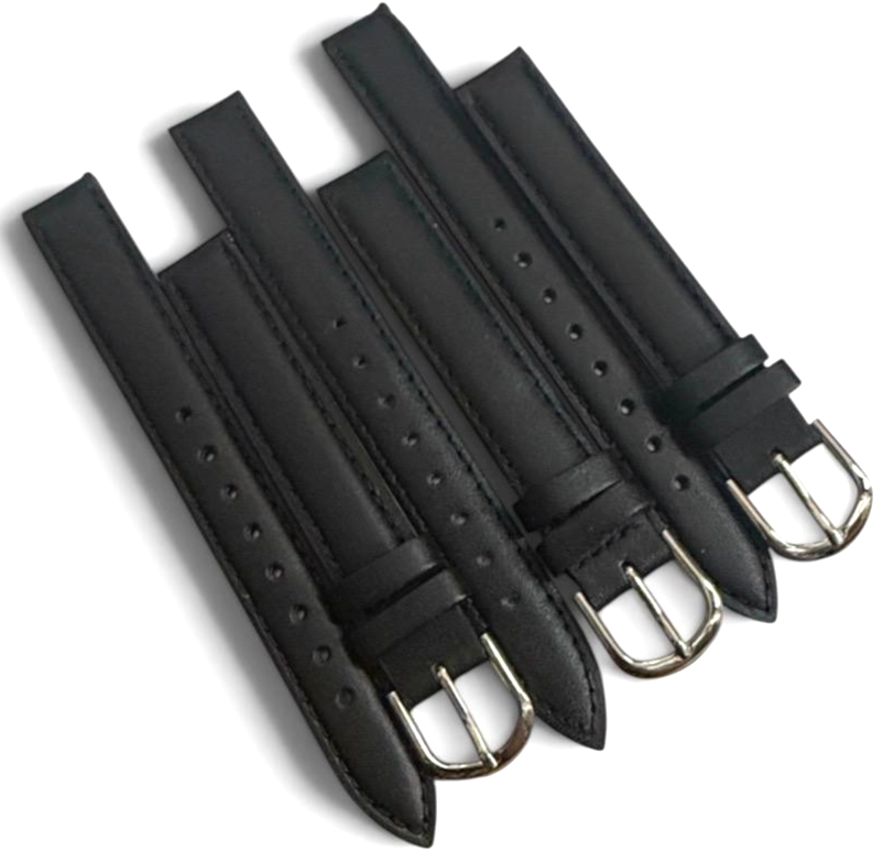 set of 3 Pcs. Watch Bands Black Genuine Leather Stitched Padded 12MM Plain