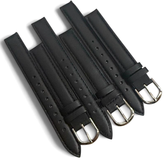 set of 3 Pcs. Watch Bands Black Genuine Leather Stitched Padded 12MM Plain