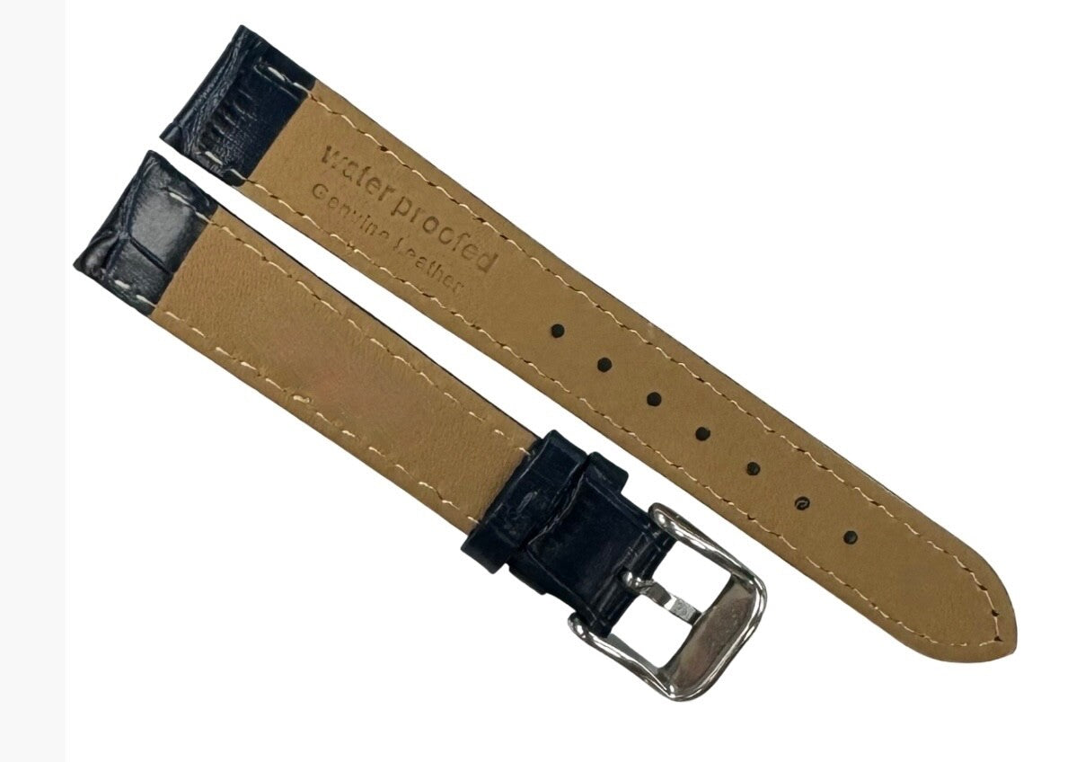 Watch Band Genuine Leather Alligator Grain Blue Padded,Stitched 14mm