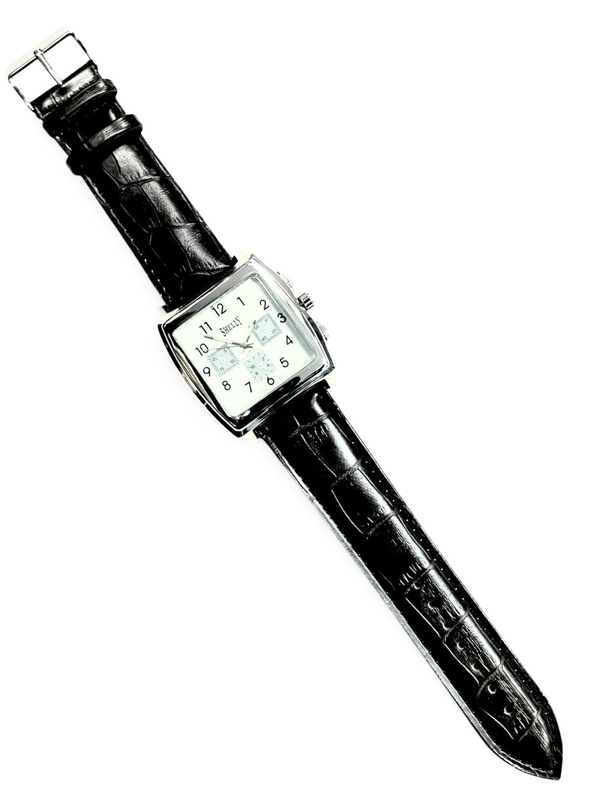 SHELLY Square Dial Watch Silver Tone White Dial Black Genuine Leather Band