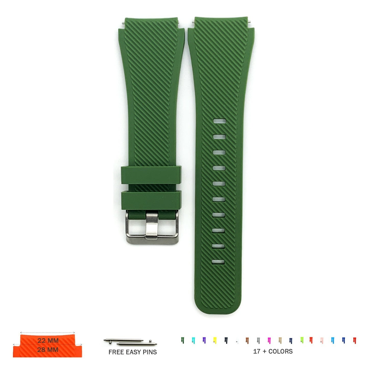 22 MM Rubber Silicone Male Opening Sports Watch Band 17 Colors Quick Release Pin