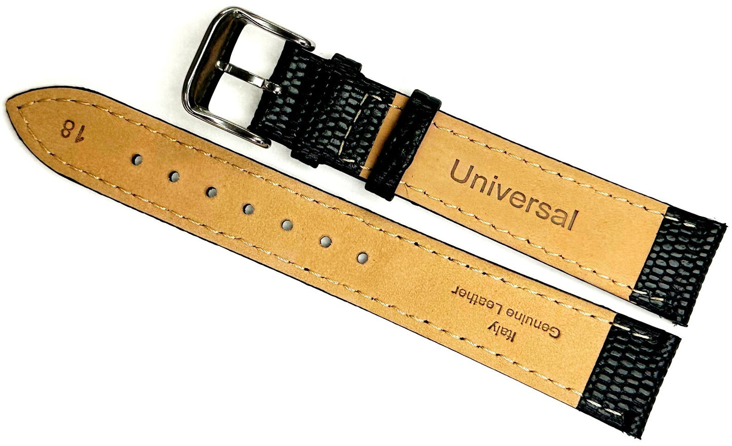Watch Band 18MM Genuine Leather Lizard Grain Padded Black Top Quality