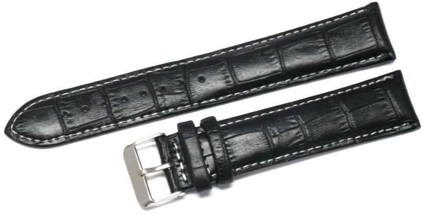 Watch Band Black Genuine Leather Alligator Grain White Stitchs 18,20,22,24mm XXL