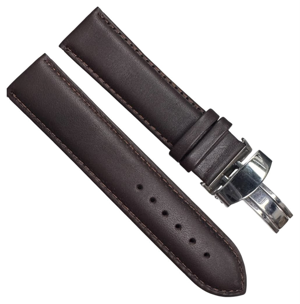 24MM Brown Genuine Leather stitched Padded Watch Band With Deployment Buckle