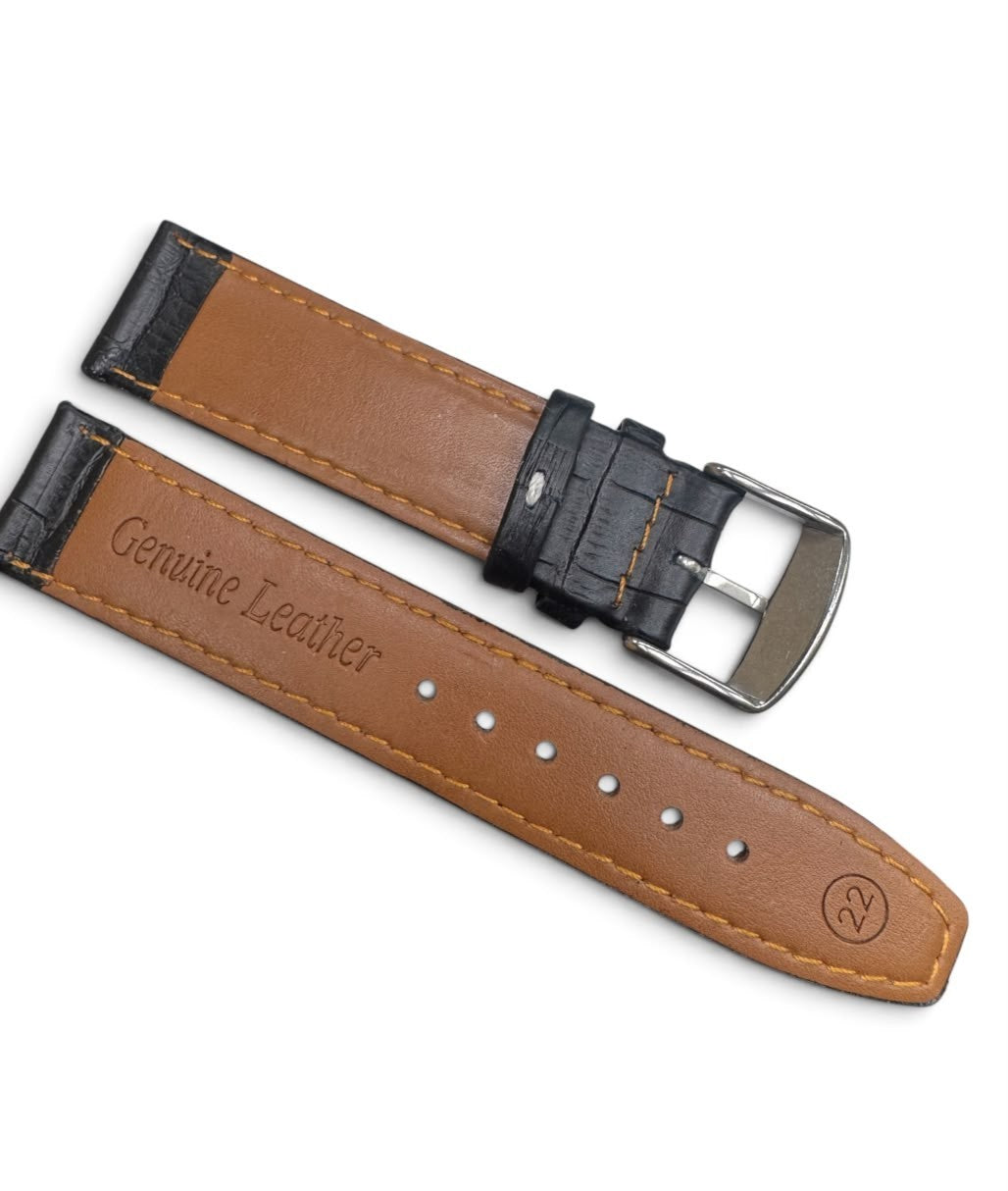 22 MM Black Genuine Leather Alligator Grain Watch Band for High End Watches