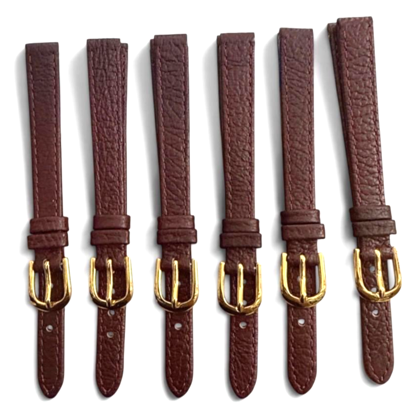 set of 6 Genuine Leather Band 10mm Flat Leather Watch Strap BURGUNDY/Gold Buckle