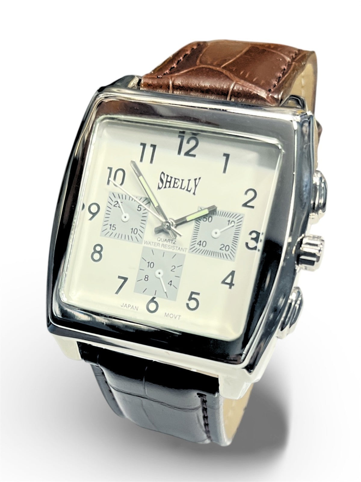 SHELLY Square Dial Watch Silver Tone Brown Genuine Leather Band