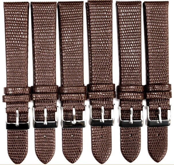 Lot of 6 Watch Bands Brown Genuine Leather Lizard Grain Flat 12,14,18,20,22,24MM