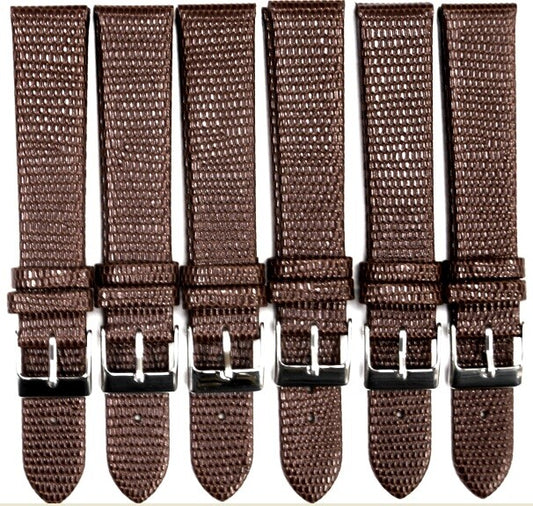 Lot of 6 Watch Bands Brown Genuine Leather Lizard Grain Flat 12,14,18,20,22,24MM