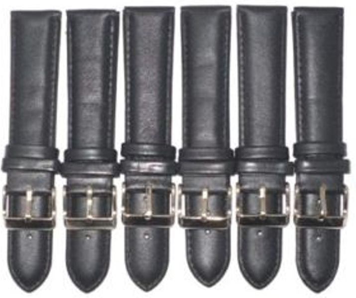 Lot of 6Pcs. Watch Bands Black Genuine Leather Stitched Padded 16MM Plain 