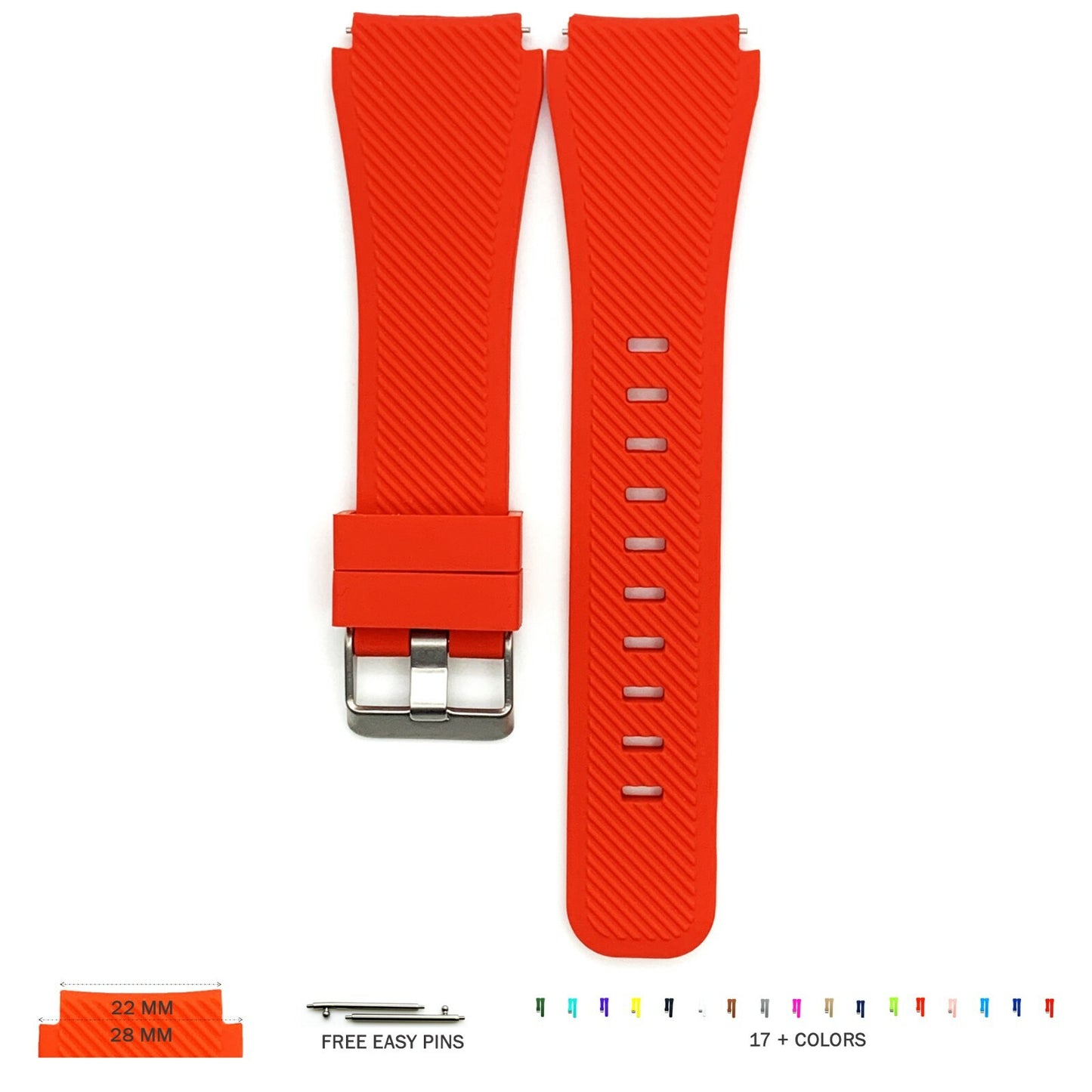 22 MM Rubber Silicone Male Opening Sports Watch Band 17 Colors Quick Release Pin