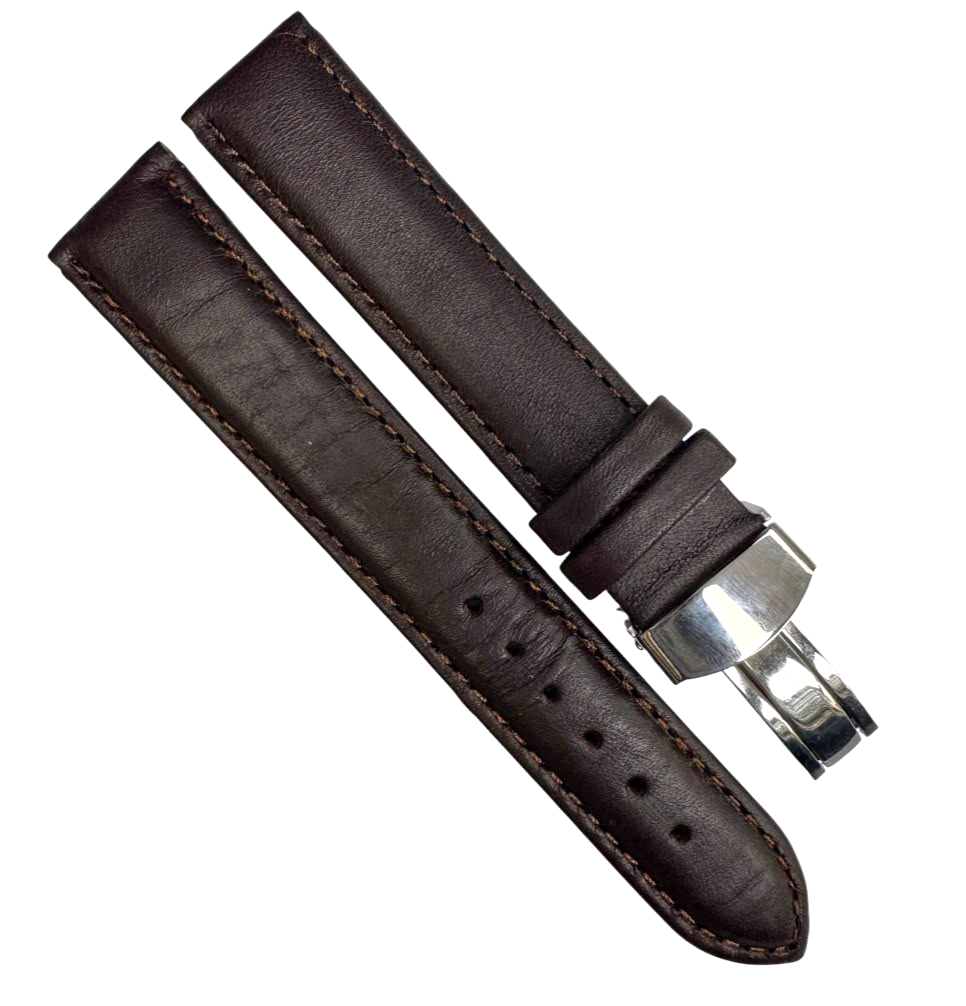 20mm BROWN Genuine Leather stitched Padded Watch Band With Deployment Buckle