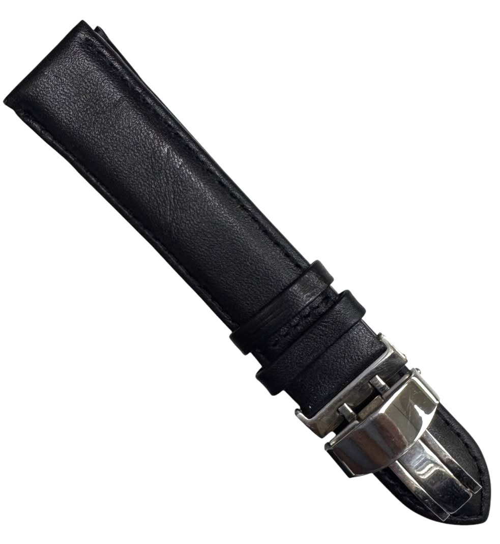 22mm BLACK Genuine Leather stitched Padded Watch Band With Deployment Buckle