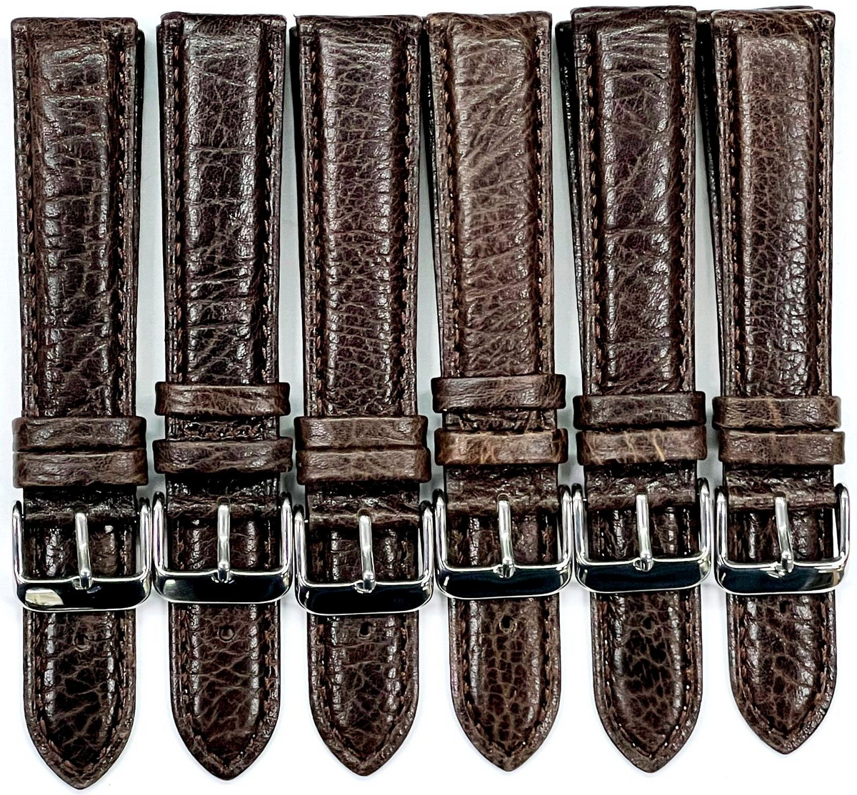 LOT OF 6 BANDS GENUINE LEATHER DARK BROWN,PADDED,STICHTED, 20MM