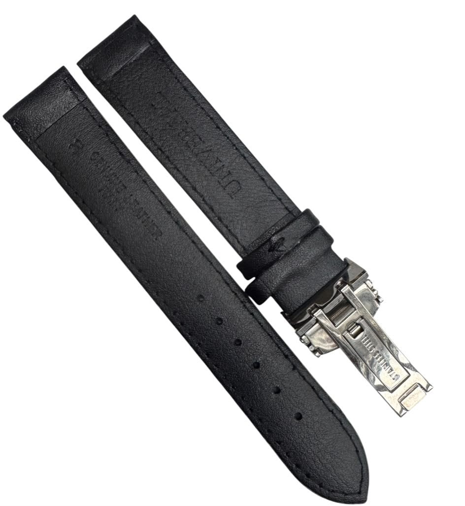20mm BLACK Genuine Leather stitched Padded Watch Band With Deployment Buckle