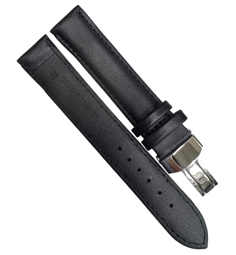 18mm BLACK Genuine Leather stitched Padded Watch Band With Deployment Buckle