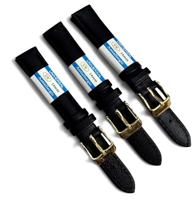 (set of 3) Black genuine calfskin leather watch strap band Kreisler New-12,14mm