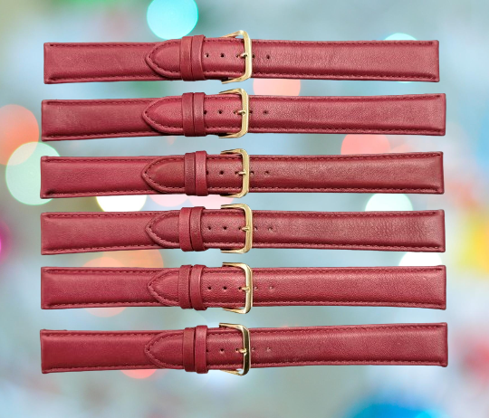 Lot of 6 bands, 16MM XL Plain Padded Red Genuine Leather Watch Band, stitches
