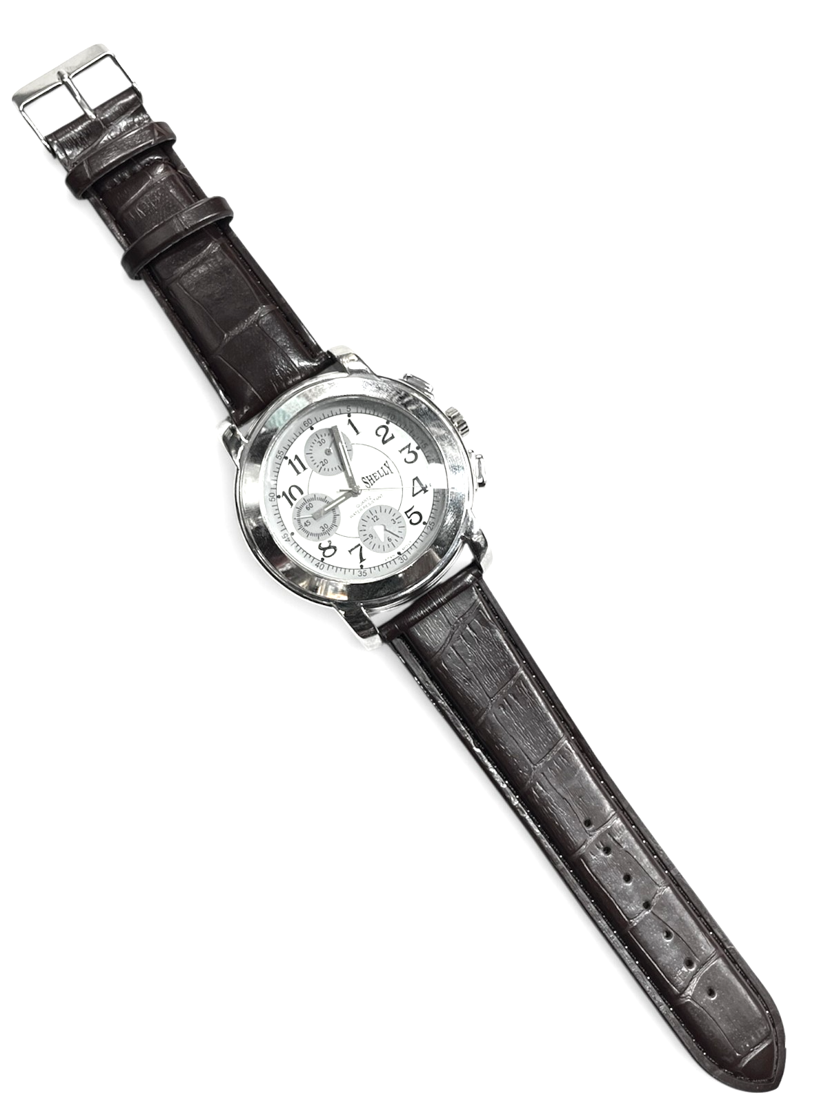 SHELLY round Dial Watch Silver Tone Brown Genuine Leather Band Watch
