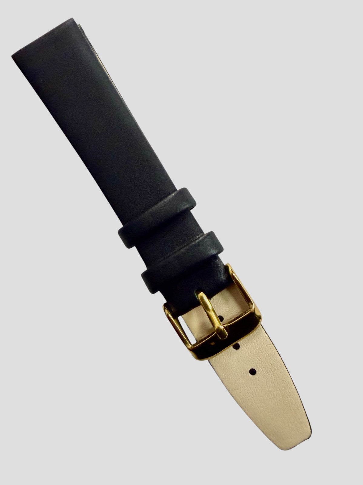 20mm Genuine Leather Black Watch Band – Slim Flat Grain Strap Gold/Silver Buckle